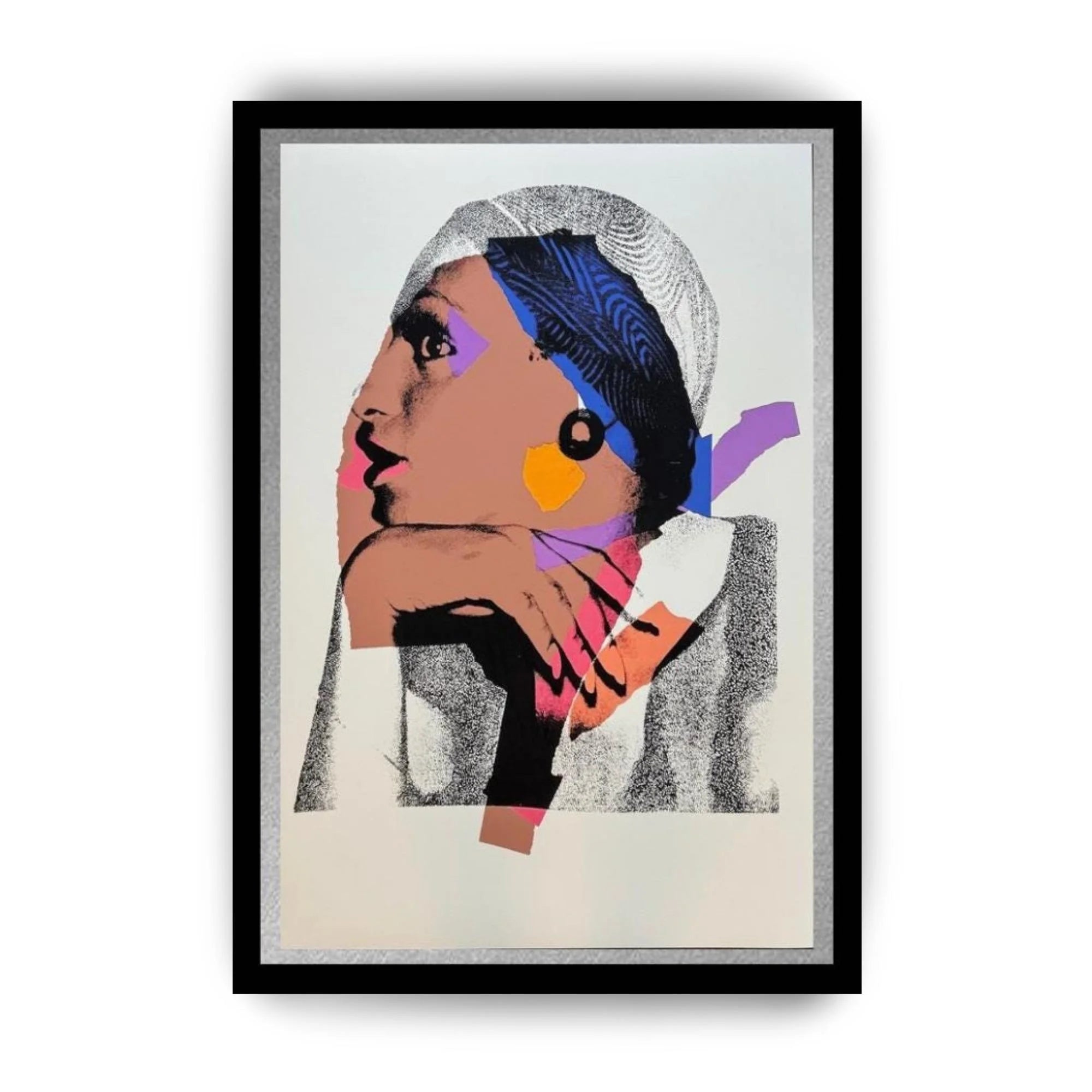 Framed artwork of a stylized portrait with abstract elements on a white background